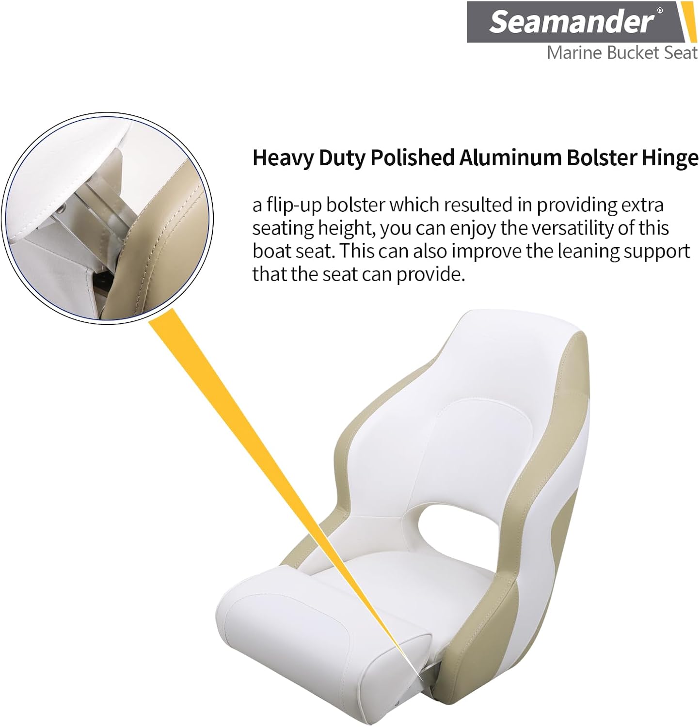 Seamander Boat Captains Chair,Captain Bucket Seat with Flip Up Bolster,Integral Rotomolded Frame, Premium EPDM Foam Material, Marine Grade Vinyl (A-White/Charcoal)