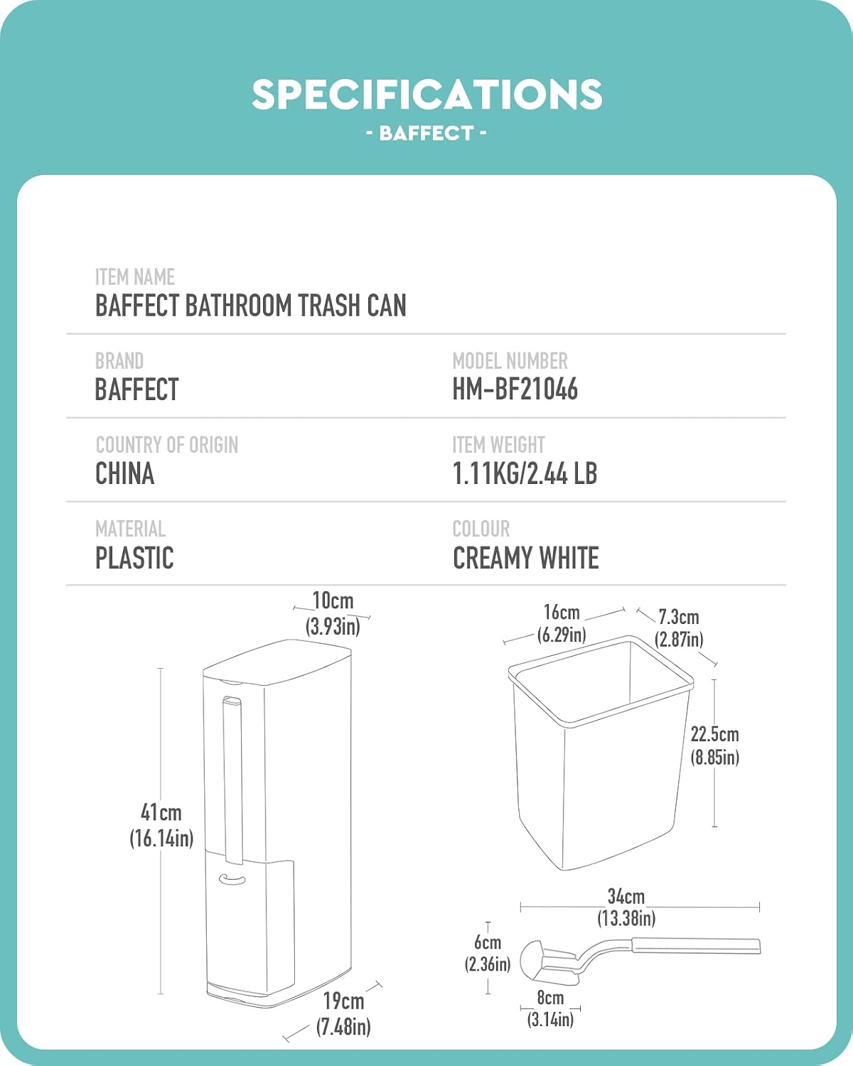 Baffect 2 Liter White Slim Bathroom Trash Can with Lid and Toilet Brush Holder | RV Small Bathroom Trash Bin With Hidden Long Handle Toilet Rim Brush
