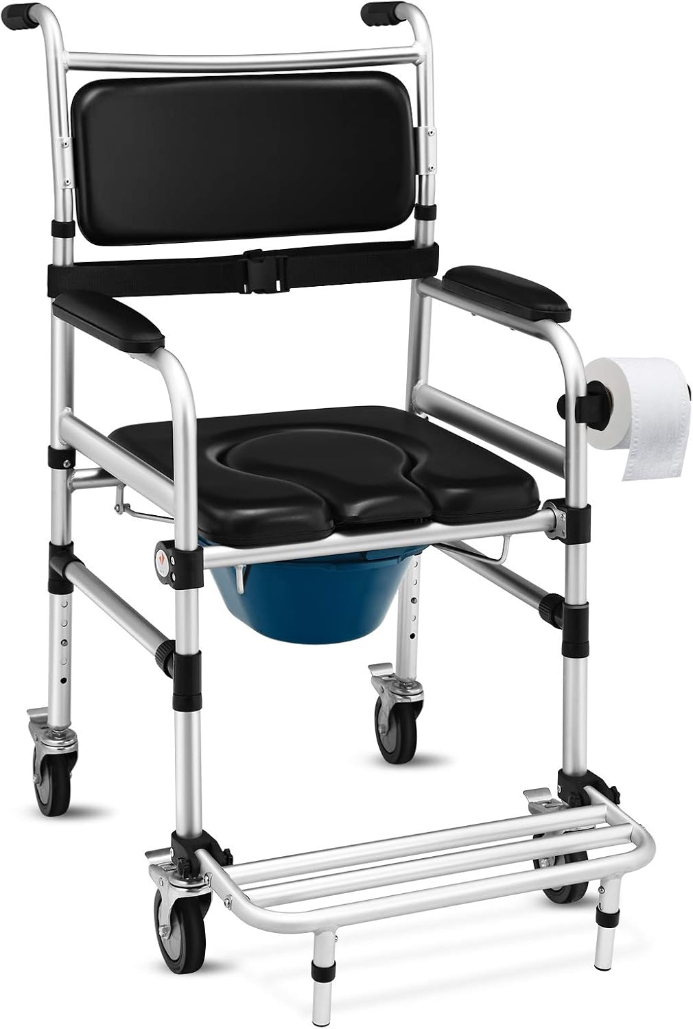 Giantex 3 in 1 Lightweight Shower Commode, Transport Bedside Commode with Wheels, Adjustable Height and Pedal, Shower Wheelchair for Elder