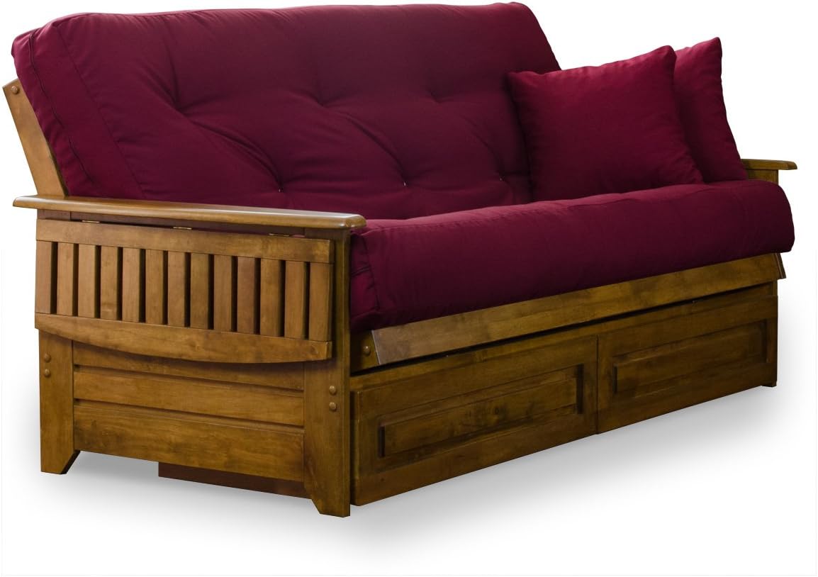 Brentwood Tray Arm Futon Frame, Drawers, and Khaki Mattress Set - Queen, Rich Heritage Finish