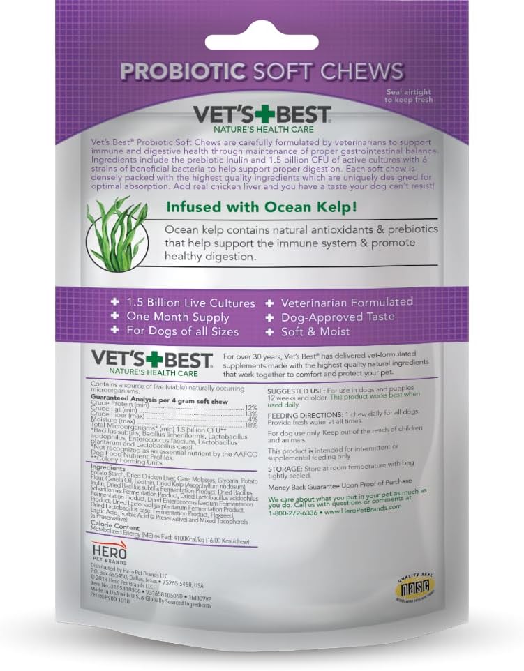 Vet's Best Probiotic Soft Chews for Dogs, Digestive Aid, 30 Day Supply | Probiotic Soft Chews, Supports Digestive Health & Healthy Gut Flora, Daily Supplement for Dogs, 30 Day Supply