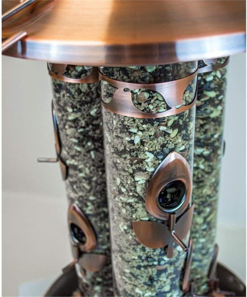 Triple Tube Deluxe Bird Feeder, Metal and Plastic Construction, Warm Copper Finish, 9 Feeding Ports with Perches, Hanging Cable System