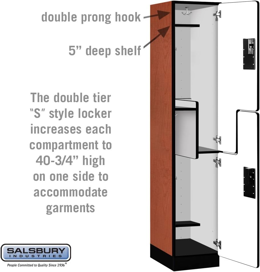 Salsbury Industries 2-Tier S-Style Extra Wide Designer Wood Locker with One Wide Storage Unit, 6-Feet High by 18-Inch Deep, Mahogany