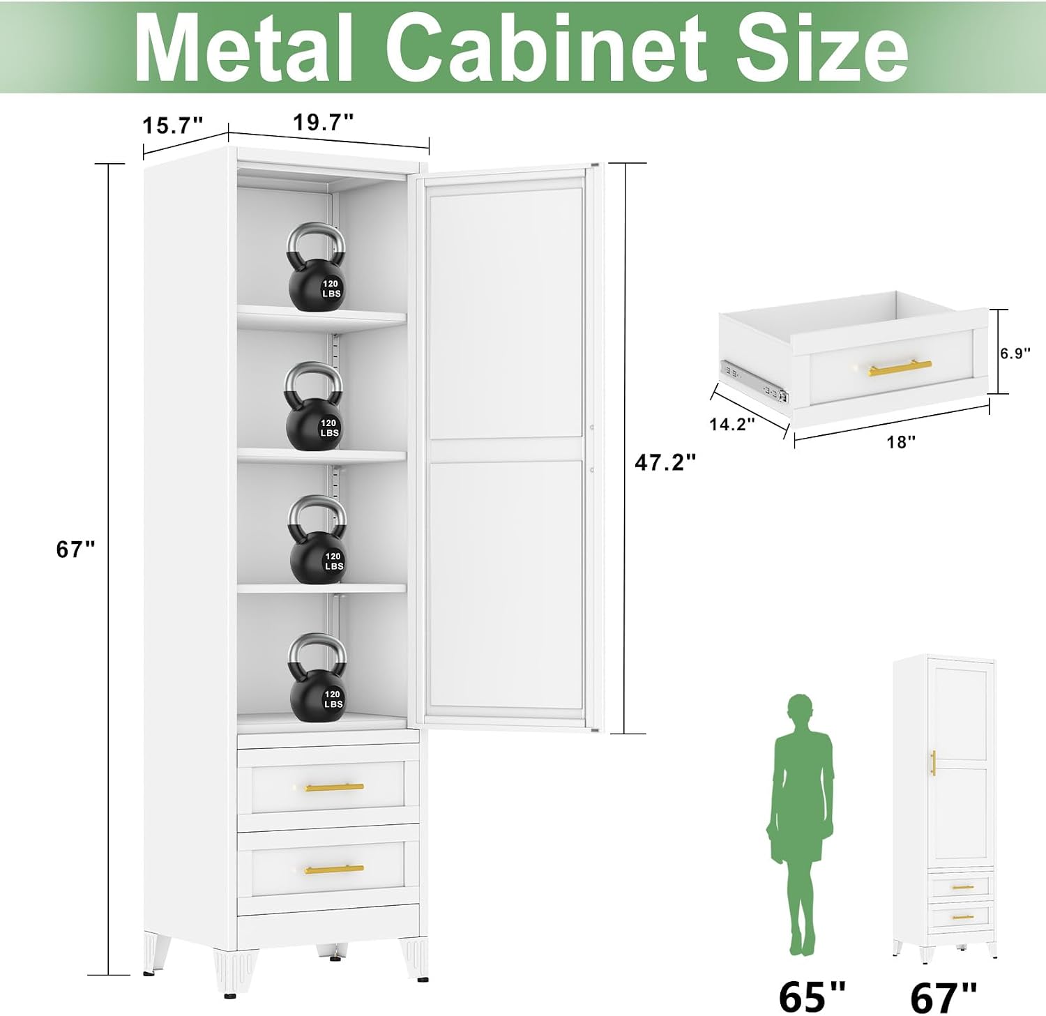 Ckzbx Tall Narrow Storage Cabinet 66.93" H Tall Bathroom Cabinet Metal Pantry Cabinets, 4 Adjustable Shelves for Kitchen, Home Office, Living Room, Dinning Room (20 inches Wide White)