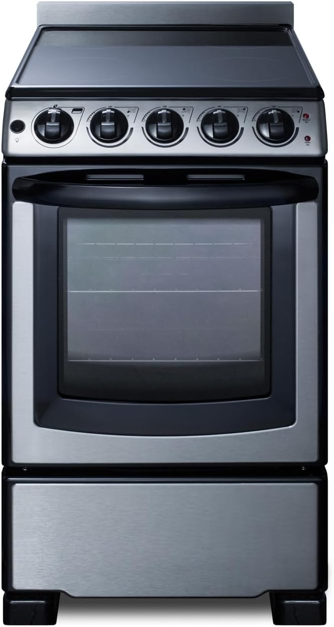 Summit 20” Electric Range, Stainless Steel and Black- REX2071SSRT | 2.3 cu.ft. Capacity Oven, Smooth Glass CookTop, 4 Burner Range, 220VOLT