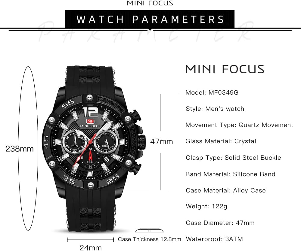 MF MINI FOCUS Men Watch, Chronograph Waterproof Sport Analog Quartz Watches Blue Silicon Strap Fashion Wristwatch for Men