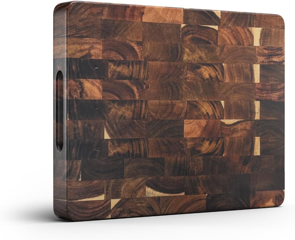 Extra-Large Acacia Wood Cutting Board with Built-In Handles – Checkered End-Grain Butcher Block, Reversible Chopping Board for Meat