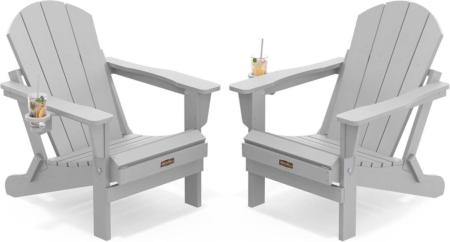 SERWALL Folding Adirondack Chairs with Cup Holder, Outdoor Fire Pit - Blue