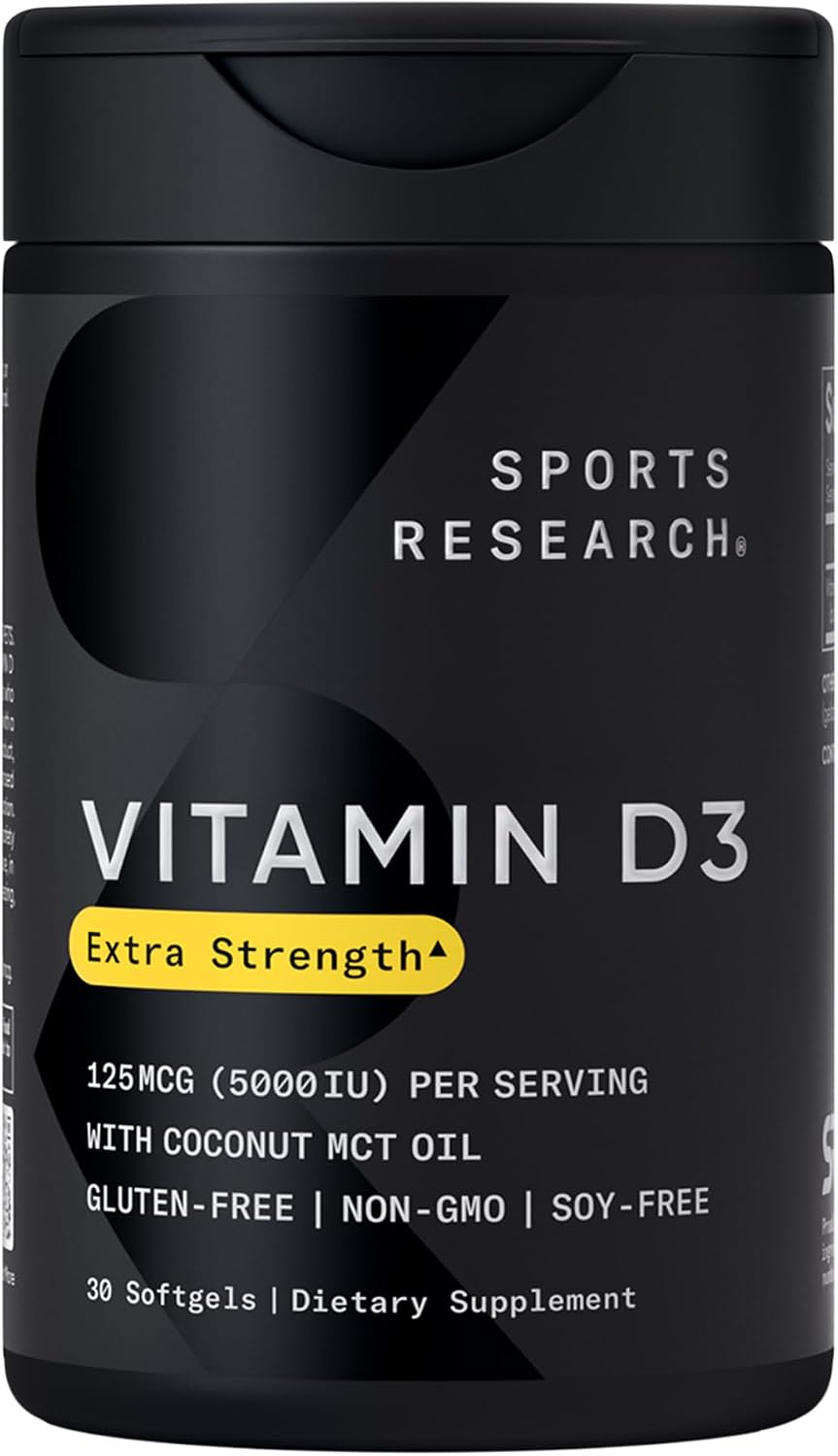 Sports Research® Vitamin D3 5000iu/125mcg with Coconut Oil, 360 Softgels | Extra Strength Vitamin D Supplement | Immune, Bone, Mood Support | Non-GMO, Soy Free - 360 Servings