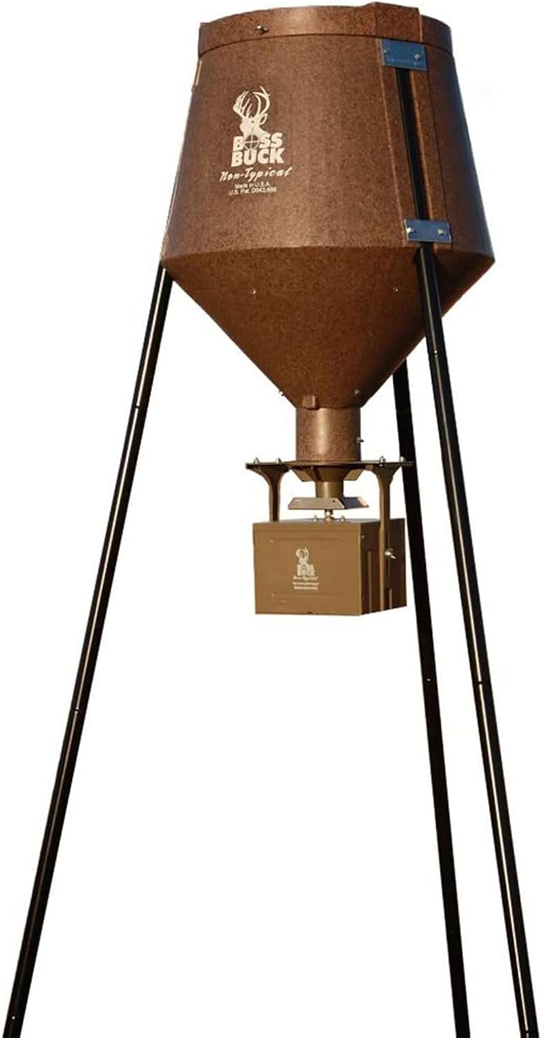 BOSS BUCK 200 LB Deer Feeder/Hunting Durable Lightweight Plastic UV Protected Waterproof Game Feeder with Protein 3 Feed Tubes Head, 12V Spinner Automatic Delivery System & Multi-Piece Legs | Auto feed system for outdoor, wildlife and hunting, 200 pound…