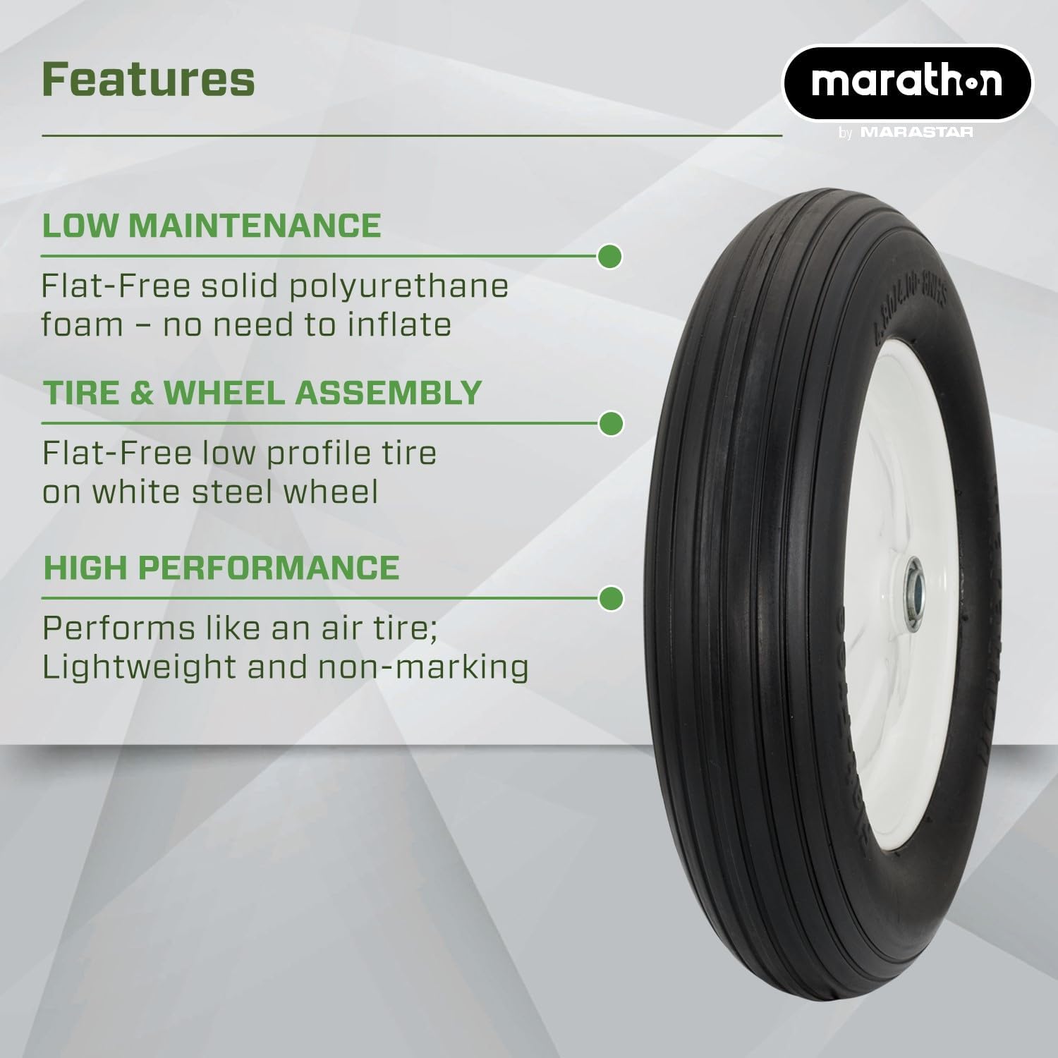 Marathon 4.80/4.00-8" Flat Free Tire on Wheel, 3" Hub, 5/8" Bearings, Ribbed Tread
