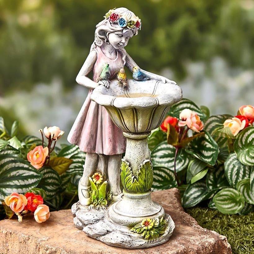 The Lakeside Collection Bird Bath Sculpture Solar Lighted Girl with Fountain