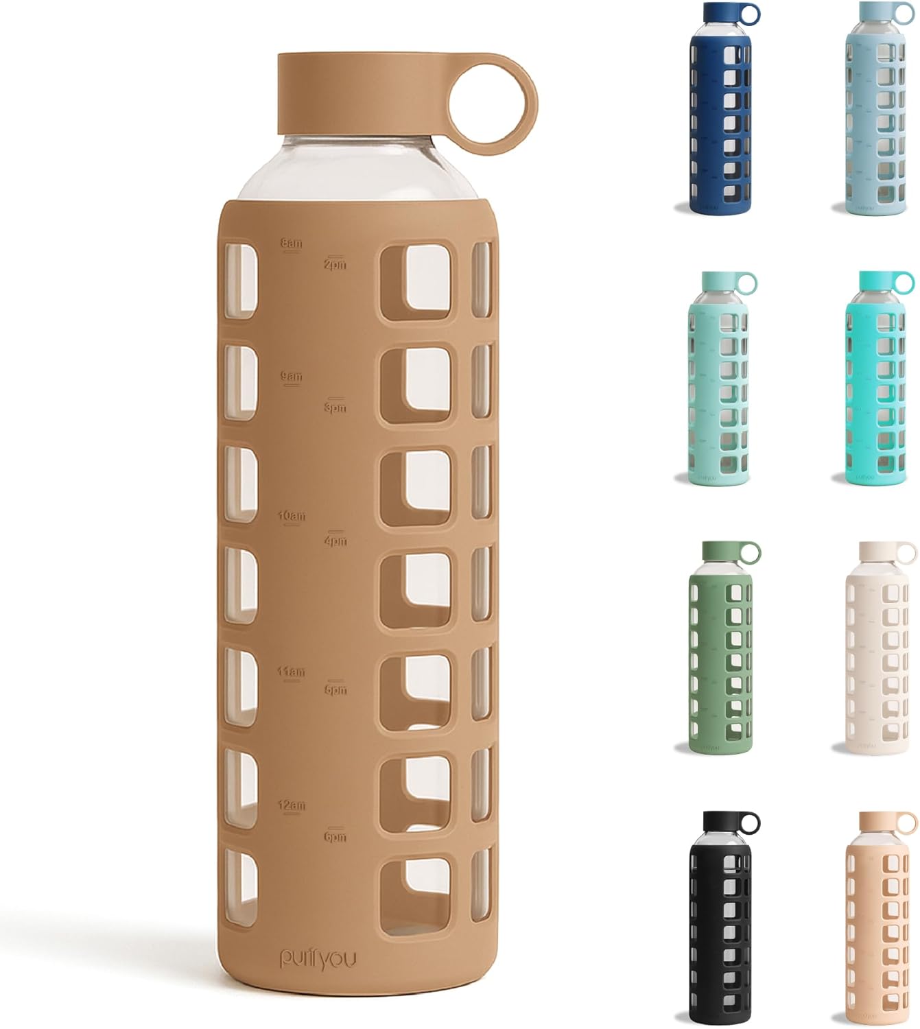 purifyou 40oz / 32oz / 22oz / 12oz Borosilicate Glass Water Bottle with Time & Volume Markers, Silicone Sleeve