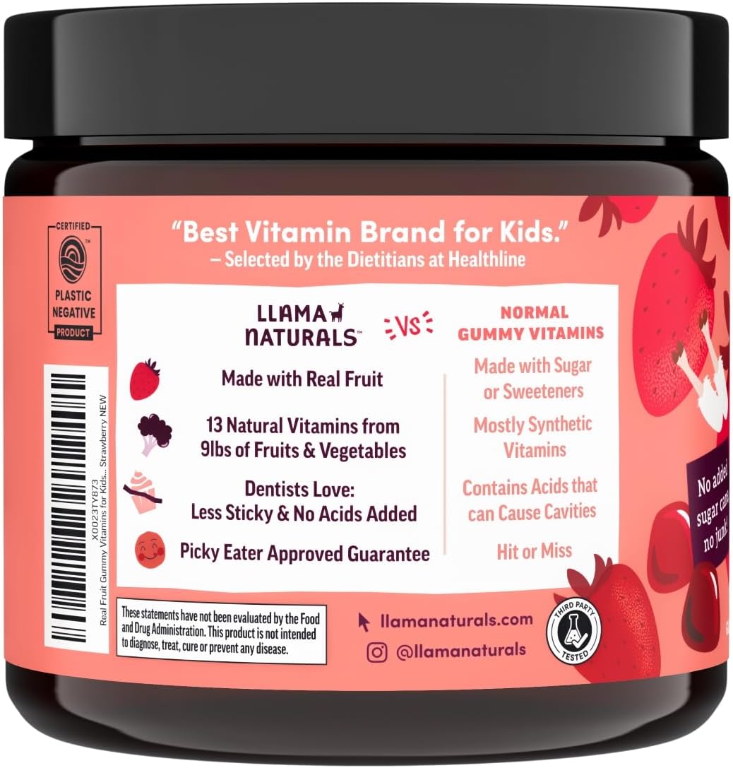 Llama Naturals Kids Multivitamin Gummies | Real Fruit, No Added Sugar Cane | Organic Vegan Toddler Whole Food Vitamins | Vitamin D, C & Beta Carotene Gummy Supplement | Cherry 90 Ct (1-2 Months)