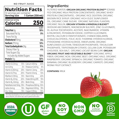 Orgain Organic Grass Fed Dairy 16g Protein Shake, Vanilla, 11oz, 12pk | Ready to drink grass-fed dairy protein, meal replacement, 20 vitamins & minerals, fruits & vegetables, non-GMO, gluten-free