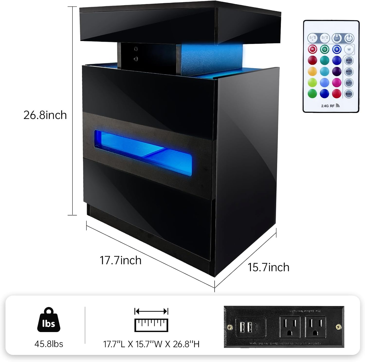 Night Stand with Gun Drawer, Modern Nightstand with Led Lights and Hidden Compartment