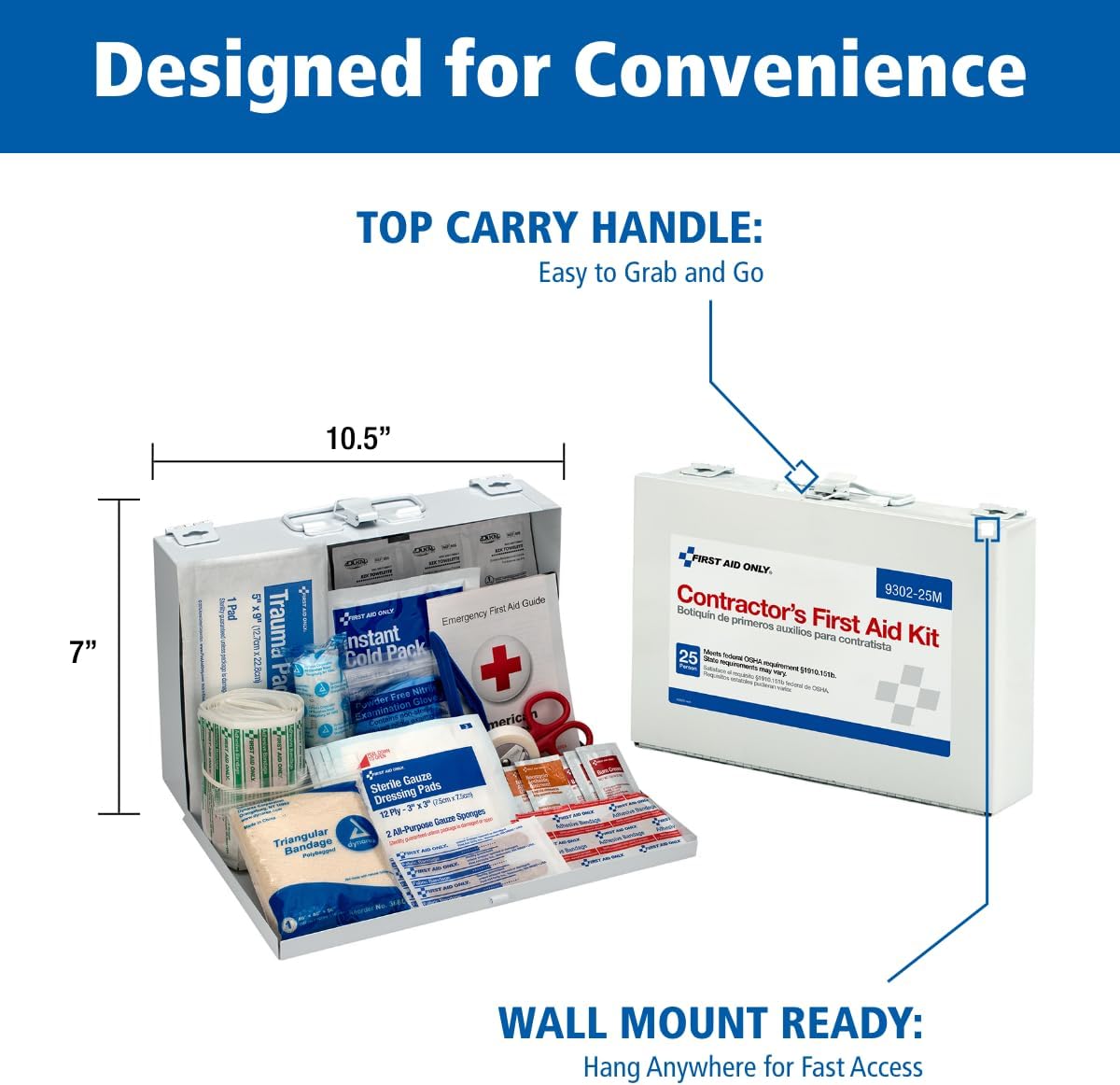 First Aid Only 9302-25M 25-Person Contractor's First Aid Kit for Home Renovation, Job Sites, and Construction Vehicles, 178 Pieces, White