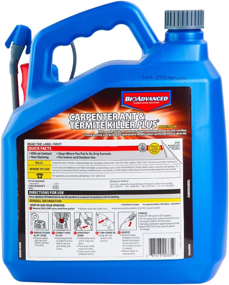 BioAdvanced Carpenter Ant & Termite Killer Plus Spray - 1 Gal Bottle | Ready-to-Use - Kills Carpenter Bees - Indoor & Outdoor Insect Control - Sprayer Included