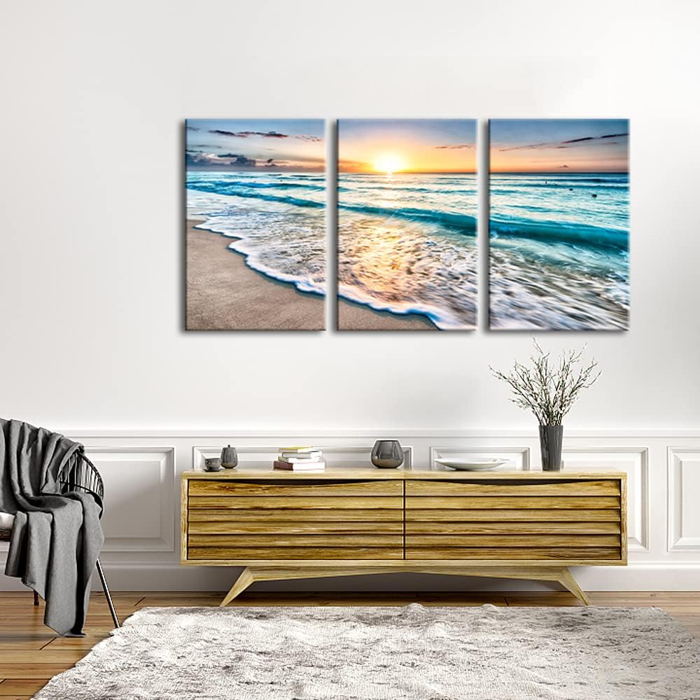 Wieco Art 3 Panel Blue Beach Canvas Wall Art for Home Decor Sunset White Wave Beach Pictures on Canvas Sea View Canvas Prints Artwork for Wall Decor