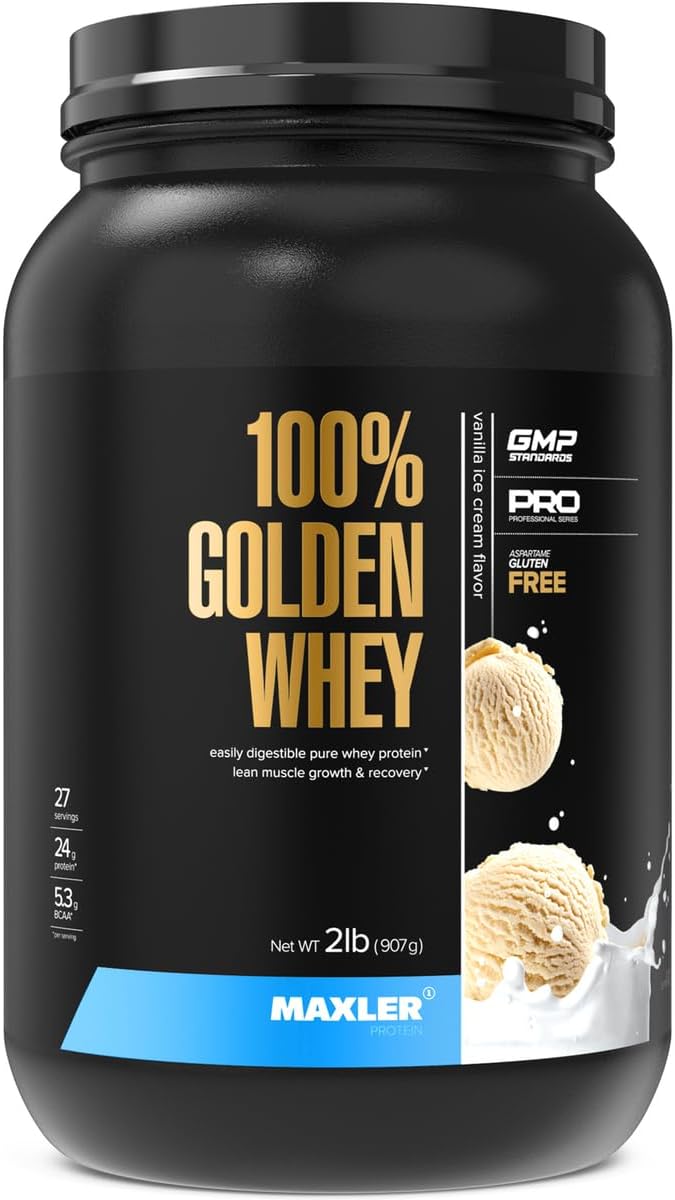 100% Golden Whey Protein - 24g of Protein per Serving - Whey Protein Powder for Pre Post Workout - Fast-Absorbing Whey Concentrate, Isolate & Hydrolysate Blend - Vanilla Ice Cream 2 lb