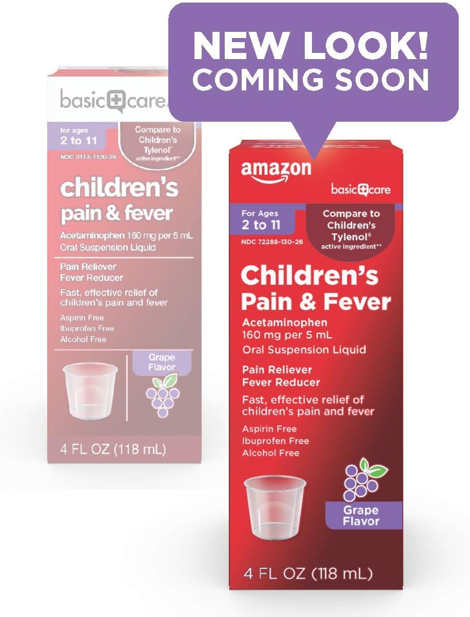 Amazon Basic Care Children's Acetaminophen 160 mg per 5 mL Oral Suspension, Grape Flavor, Pain Reliever and Fever Reducer, 4 fl oz