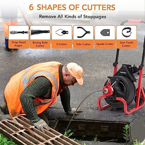 PioneerWorks Electric Drain Snake, 75Ft 1/2 Inch Auto-Feed Electric Drain Auger, Sewer Snake Machine with 6 Cutters & Glove for 2-4 Inch Pipes