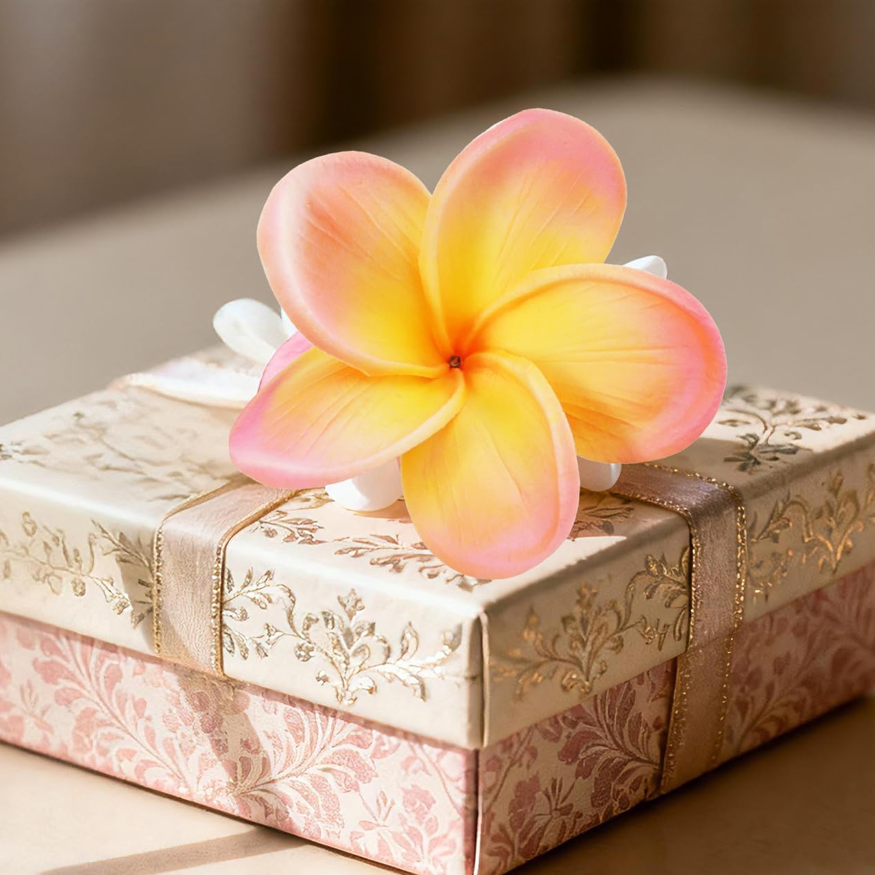10PCS Artificial Plumeria Flowers with Stem, Apricot | Natural Real Touch,DIY Cake Decoration, Hawaiian Part, Luau Decor, Wedding Bouquets