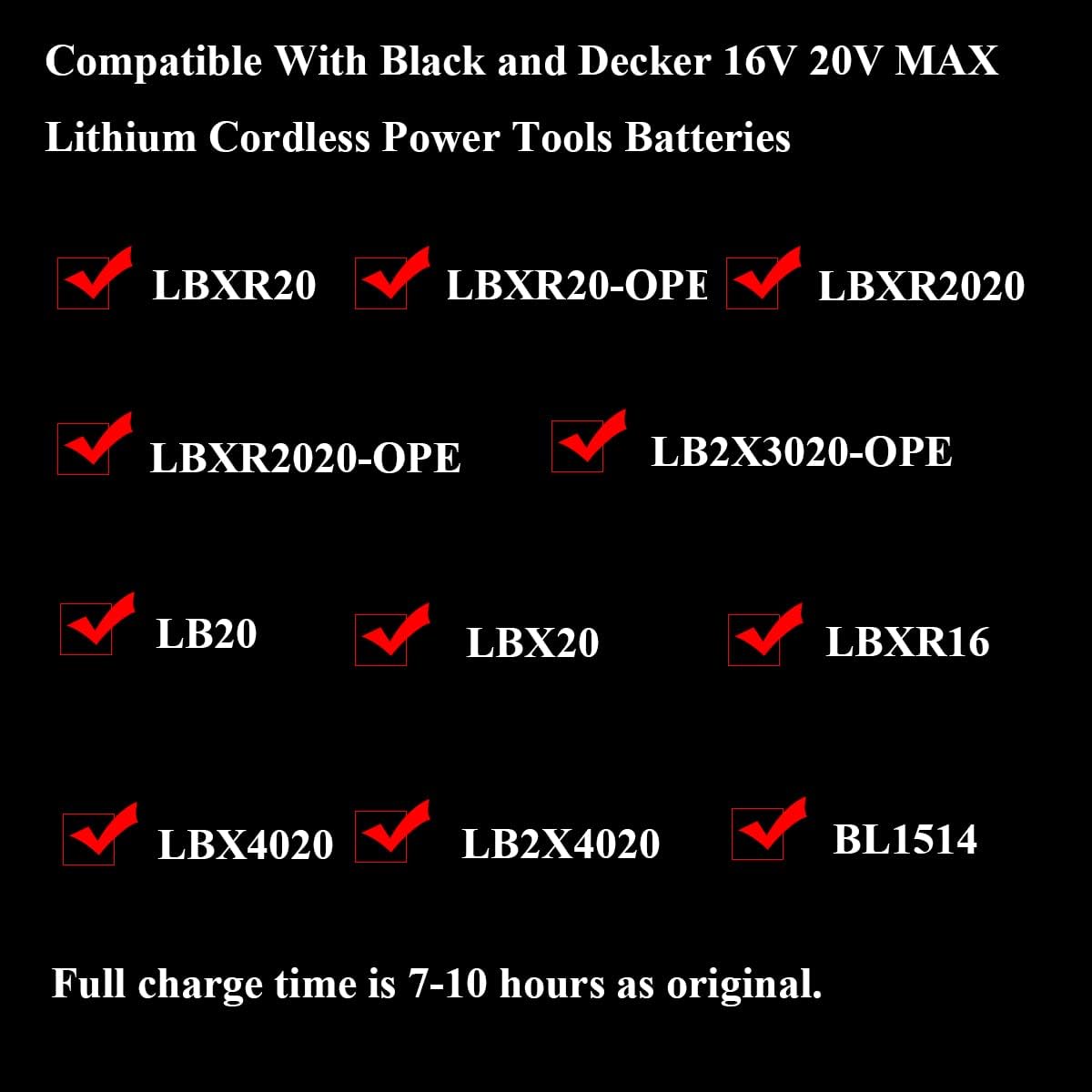 20Volt Li-Ion Battery Charger Replacement for Black+Decker LCS1620 90590282 20V MAX Lithium Ion Battery LBXR20 LBXR20-OPE LB20 LBX20 LBX4020