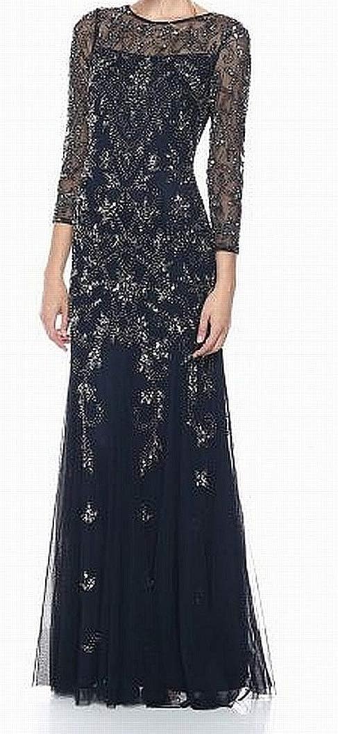 Adrianna Papell Women's Long Sleeve Bead Dress | Floor Length Formal Gown with Intricate Beading & 3/4 Length Sleeves