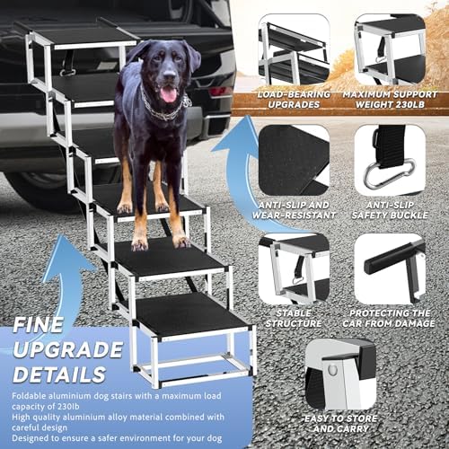 Deergym Dog Stairs for Large Dogs - 5 Step Wide 16in High 34in Foldable Dog Ramp for Car Non-Slip Surface Support up to 230lbs - Suitable for SUV,Truck, Sofas, Bed