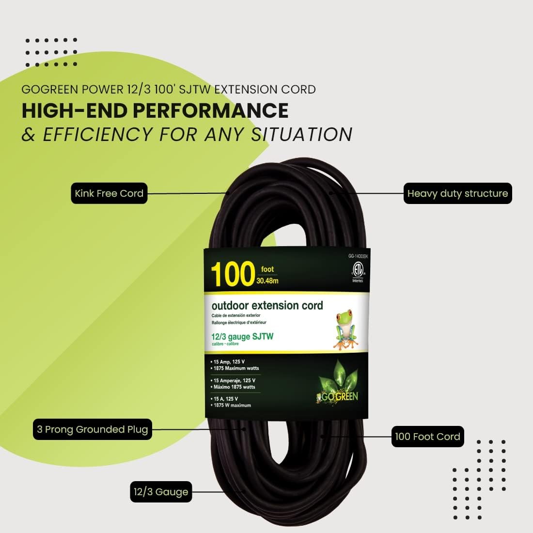 Go Green Power Inc. (GG-14025) 12/3 SJTW Outdoor Extension Cord, Lighted End, 25 ft