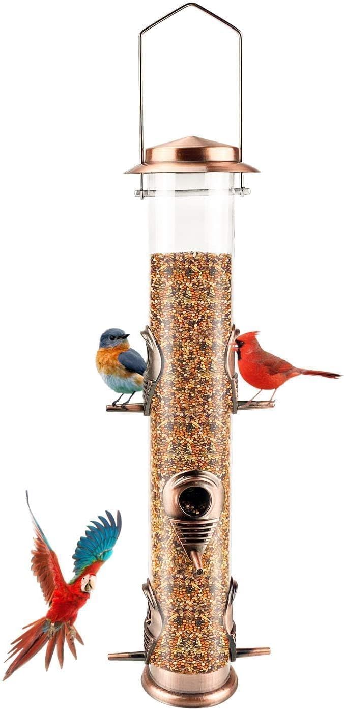 MIXXIDEA 1PK Metal Bird Feeders with 6 Feeding Ports, Tube Bird Feeder with Steel Hanger, Hard Plastic Wild Bird Feeder for Outdoors Hanging