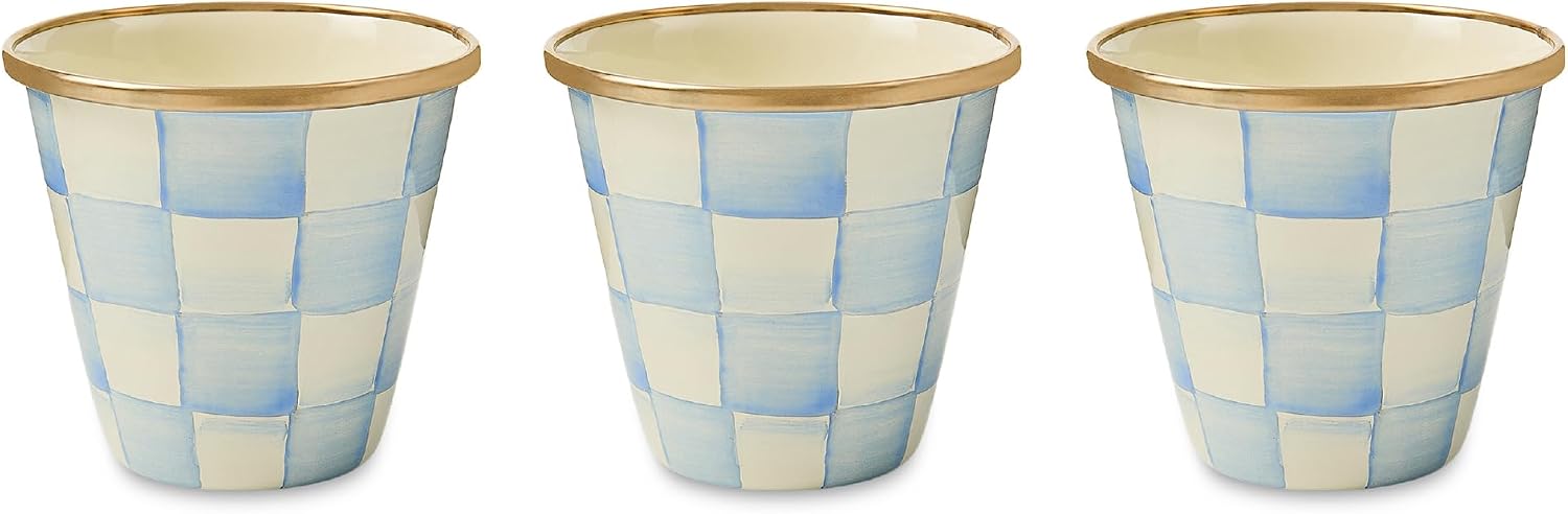 MACKENZIE-CHILDS Enamel Herb Pot Set, Small, Black-and-White Courtly Check | Hand-painted design, small plant pots for herbs or flowers, 8-ounce capacity per pot, set of 3
