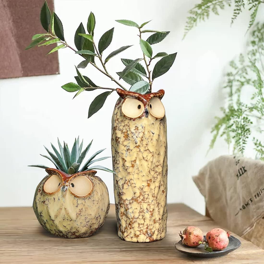 GeLive Blue Owl Ceramic Succulent Planter with Drainage Hole Animal Plant Pot Tabletop Decoration Vase Window Box Indoor Outdoor Decor (Blue)