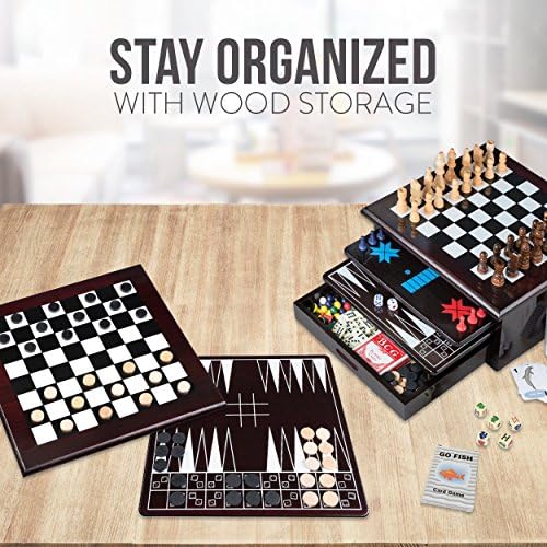 Board Game Set - Deluxe 15 in 1 Tabletop Wood-accented Game Center with Storage Drawer (Checkers, Chess, Chinese Checkers, Parcheesi, TicTacToe