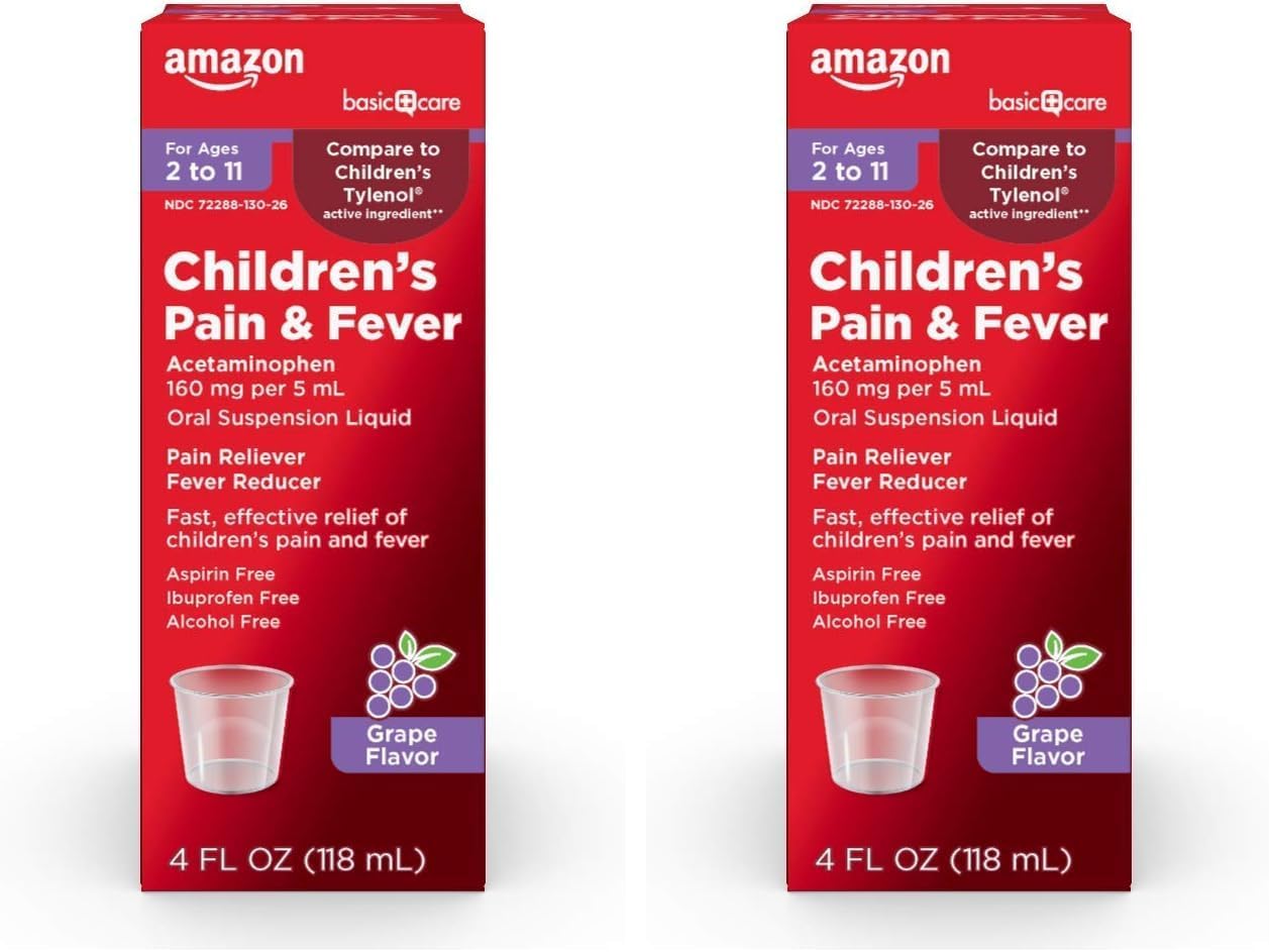 Amazon Basic Care Children's Acetaminophen 160 mg per 5 mL Oral Suspension, Grape Flavor, Pain Reliever and Fever Reducer, 4 fl oz