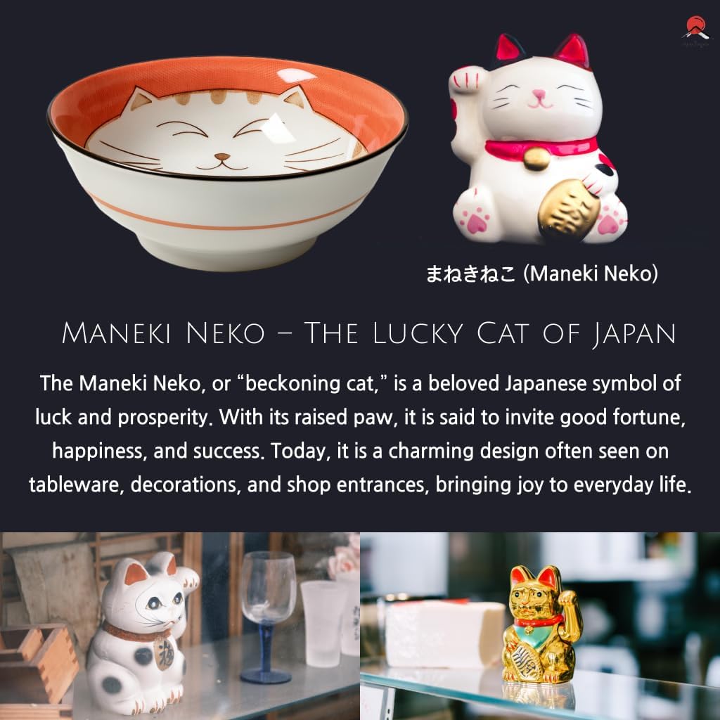 JapanBargain Set of 2 Japanese Porcelain Bowls, Large 7.5 Inch Ramen Udon Noodle Rice Soup Pho Poke Cereal Bowl, Maneki Neko Smiling Lucky Cat Pattern