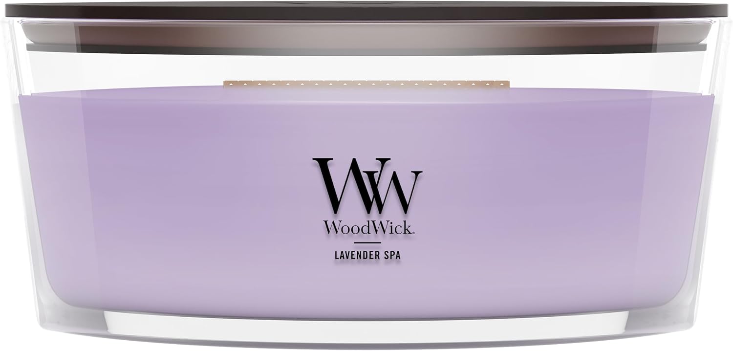 WoodWick Lavender Spa Gifts for Women and Men, 9.7 oz Medium Hourglass Candle with Crackling Wick