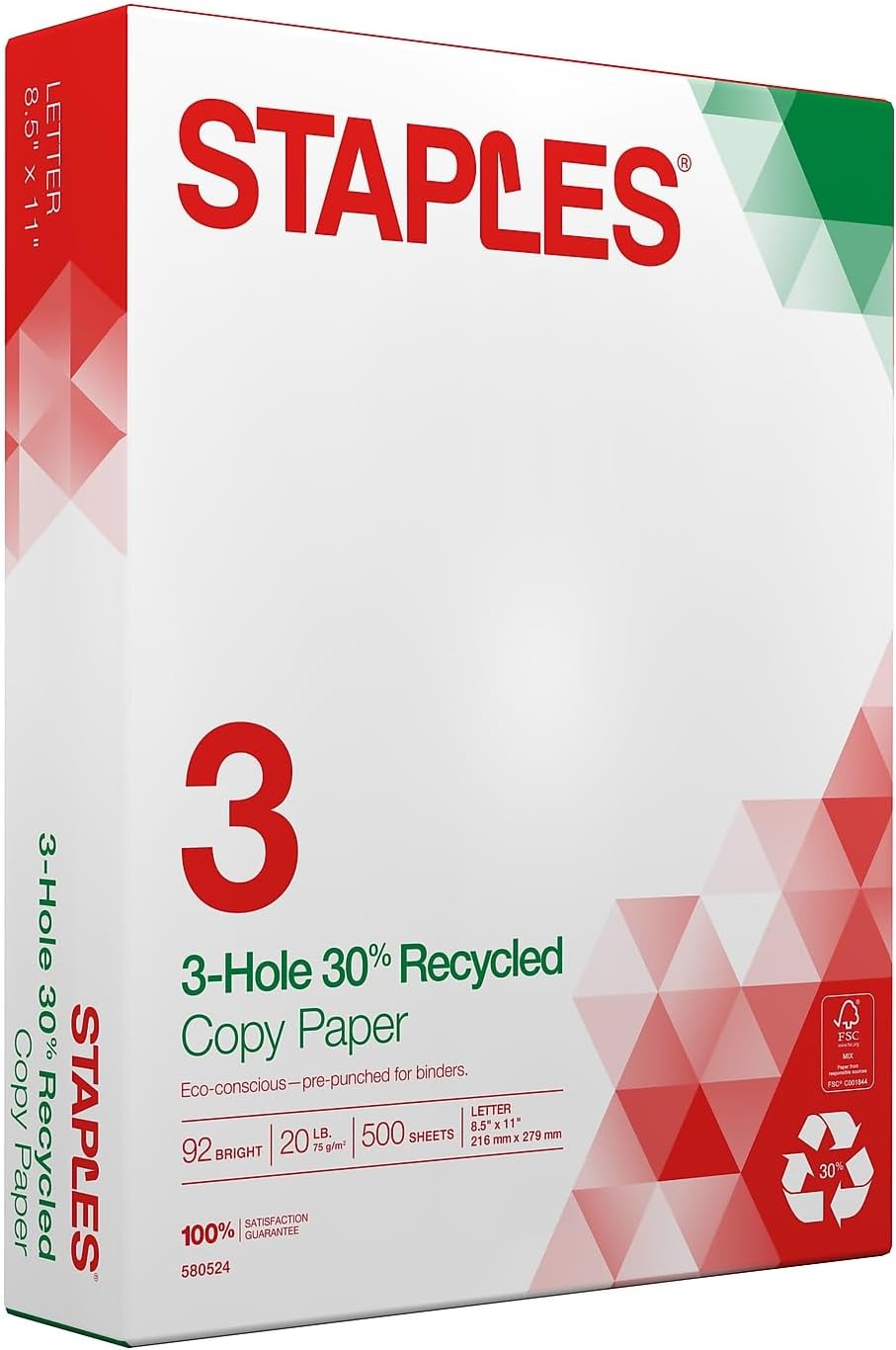 Staples 8.5" x 11" 3-Hole Punched Copy Paper, 20 lbs., 92 Brightness, 500/Ream