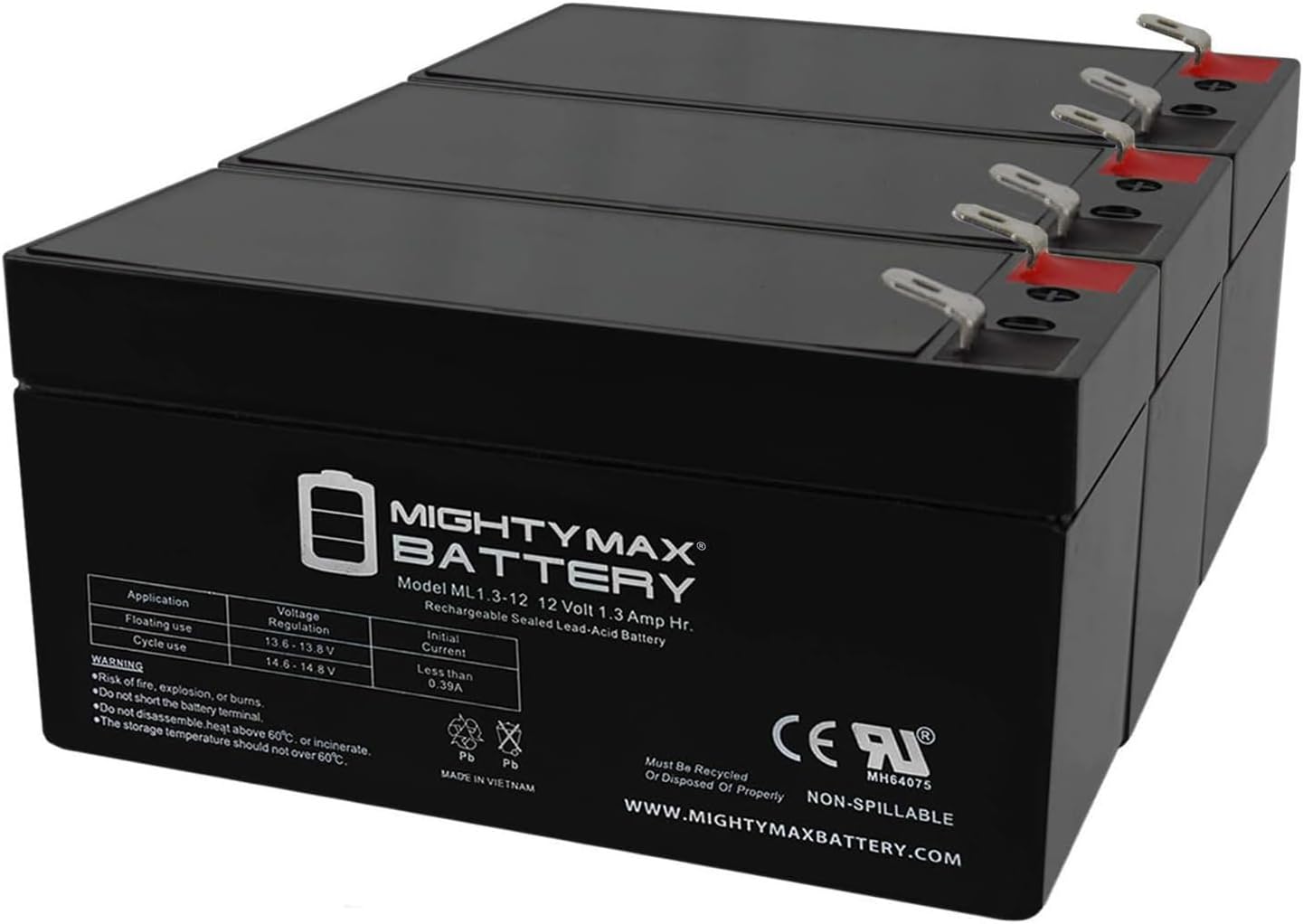 Mighty Max Battery ML1.3-12 - 12 Volt 1.3 AH, F1 Terminal, Rechargeable SLA AGM Battery