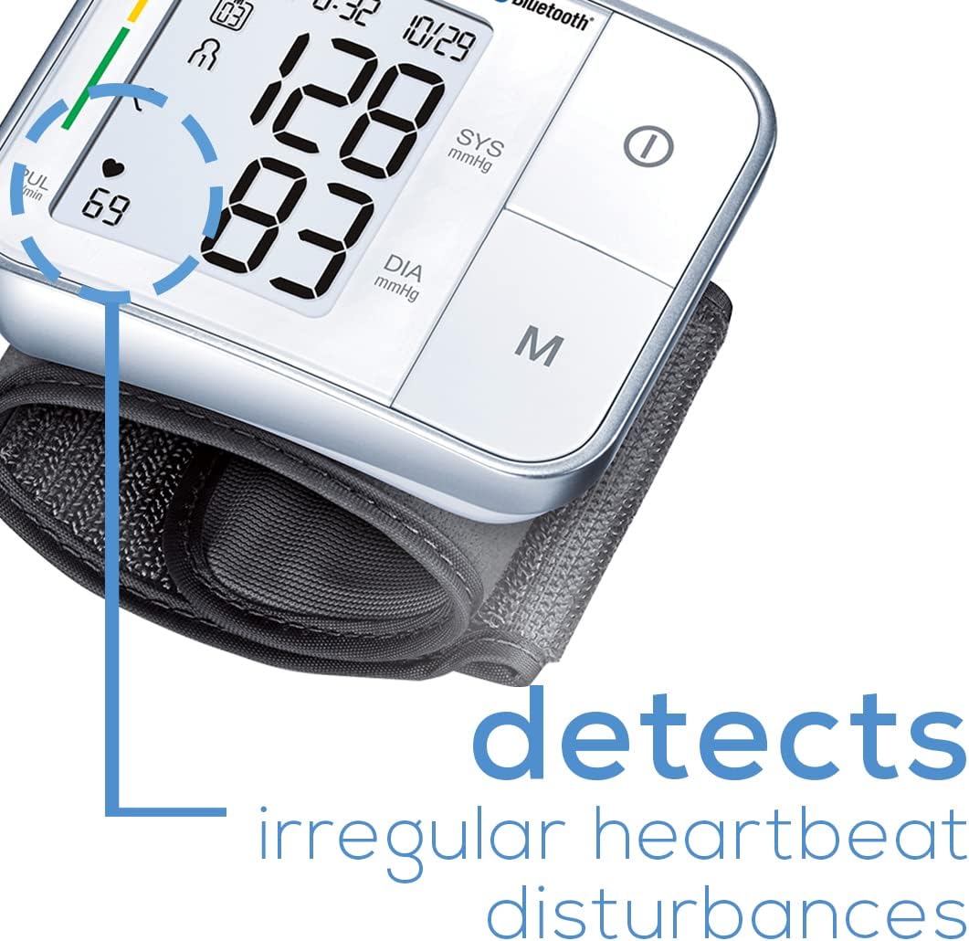 Beurer Bluetooth Smart, Wireless & Automatic Wrist Blood Pressure Monitor with Large LCD Display, Irregular Heartbeat Detection, Multi-Users