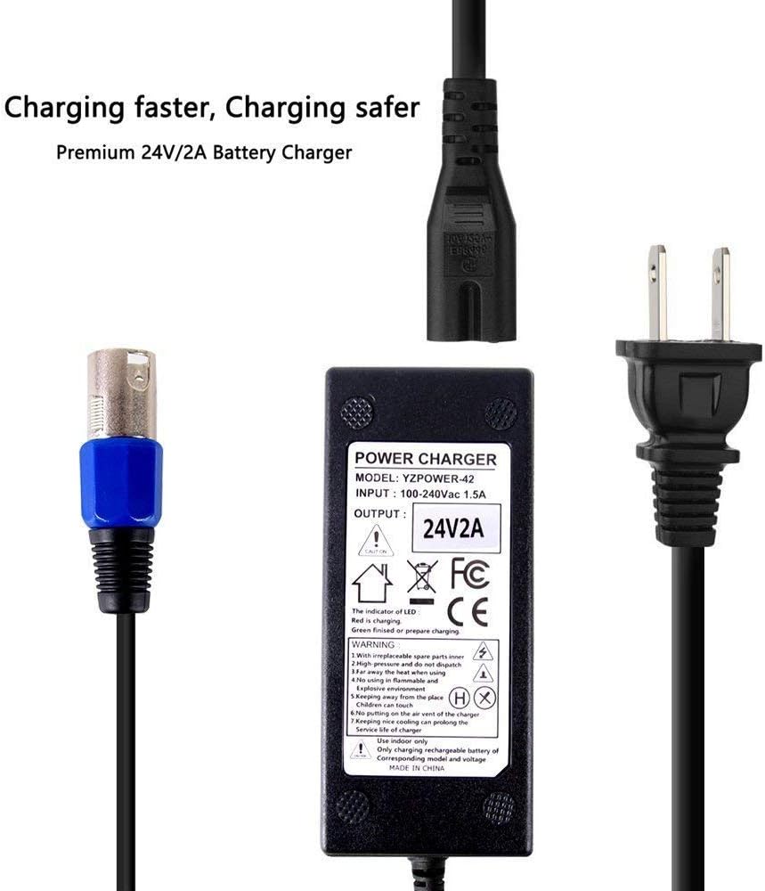 24V 2A Battery Charger with XLR Connector for Ezip Mountain Trailz S400 S500, Jazzy, Pride, S300 S350 S650, Ezip 400 500 650 750 900 Mountain Trailz