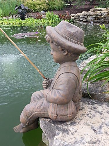Fishing Boy & Girl Cast Stone Statues - Sculptures - Classic Iron Finish - Great Garden Gift Idea!