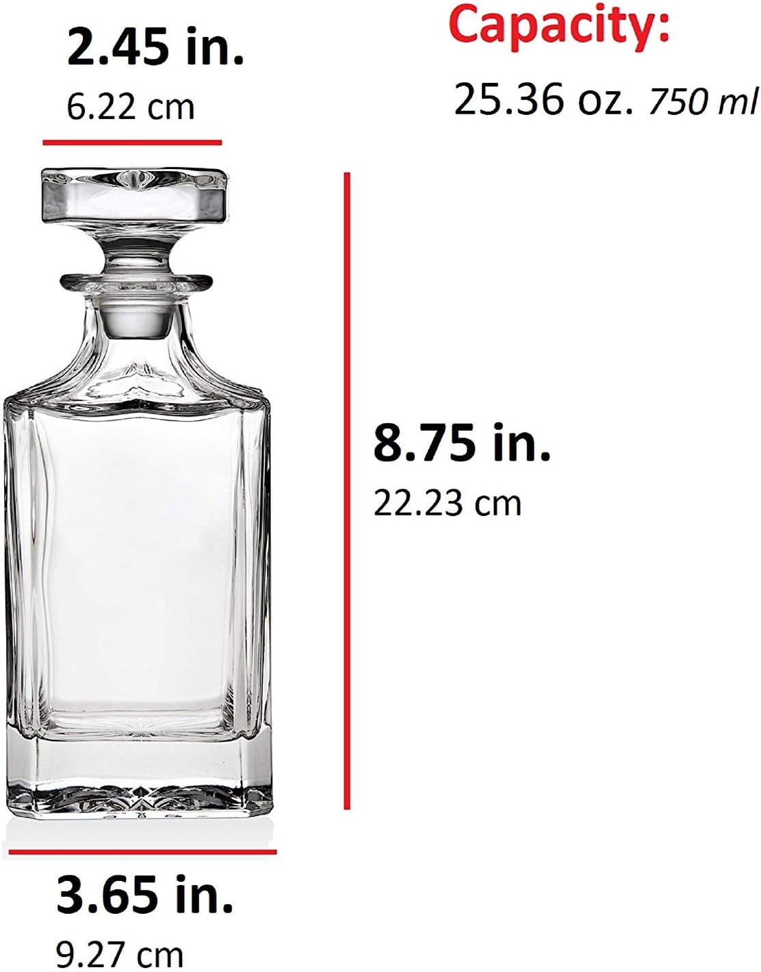 Godinger Clarion Square Whiskey Decanter with Glass Stopper for Wine, Bourbon, Brandy, Liquor, Juice 25 oz, Perfect for Engraving