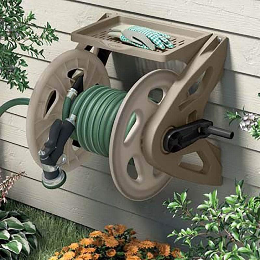 Suncast Handler Durable Hard Plastic Wall Mounted Outdoor Retractable Garden Hose Reel with Storage Tray and 200 Feet Hose Capacity, Taupe