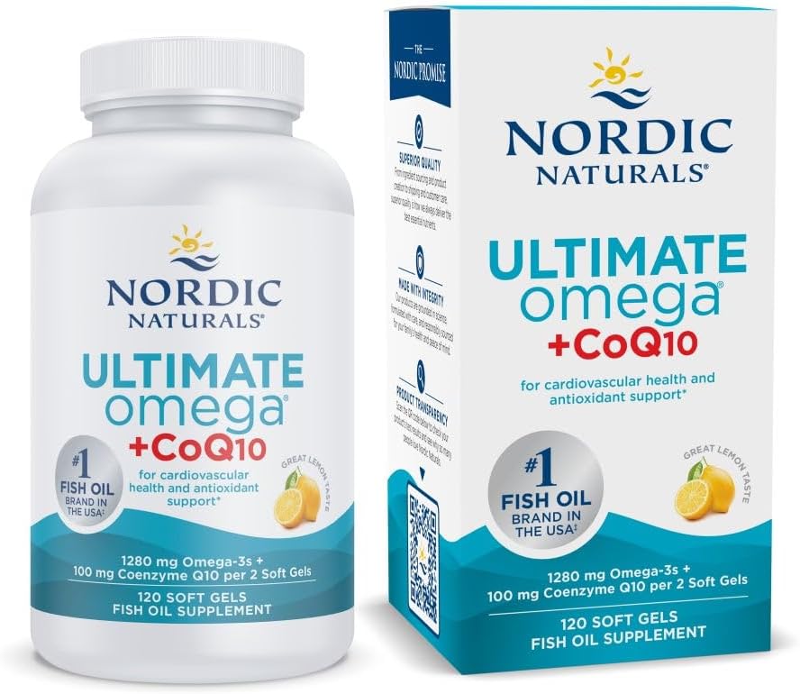 Nordic Naturals Ultimate Omega + CoQ10, Lemon - 60 Soft Gels - 1280 mg Omega-3 + 100 mg CoQ10 - Heart Health, Cellular Energy, Antioxidant Support - Non-GMO - 30 Servings