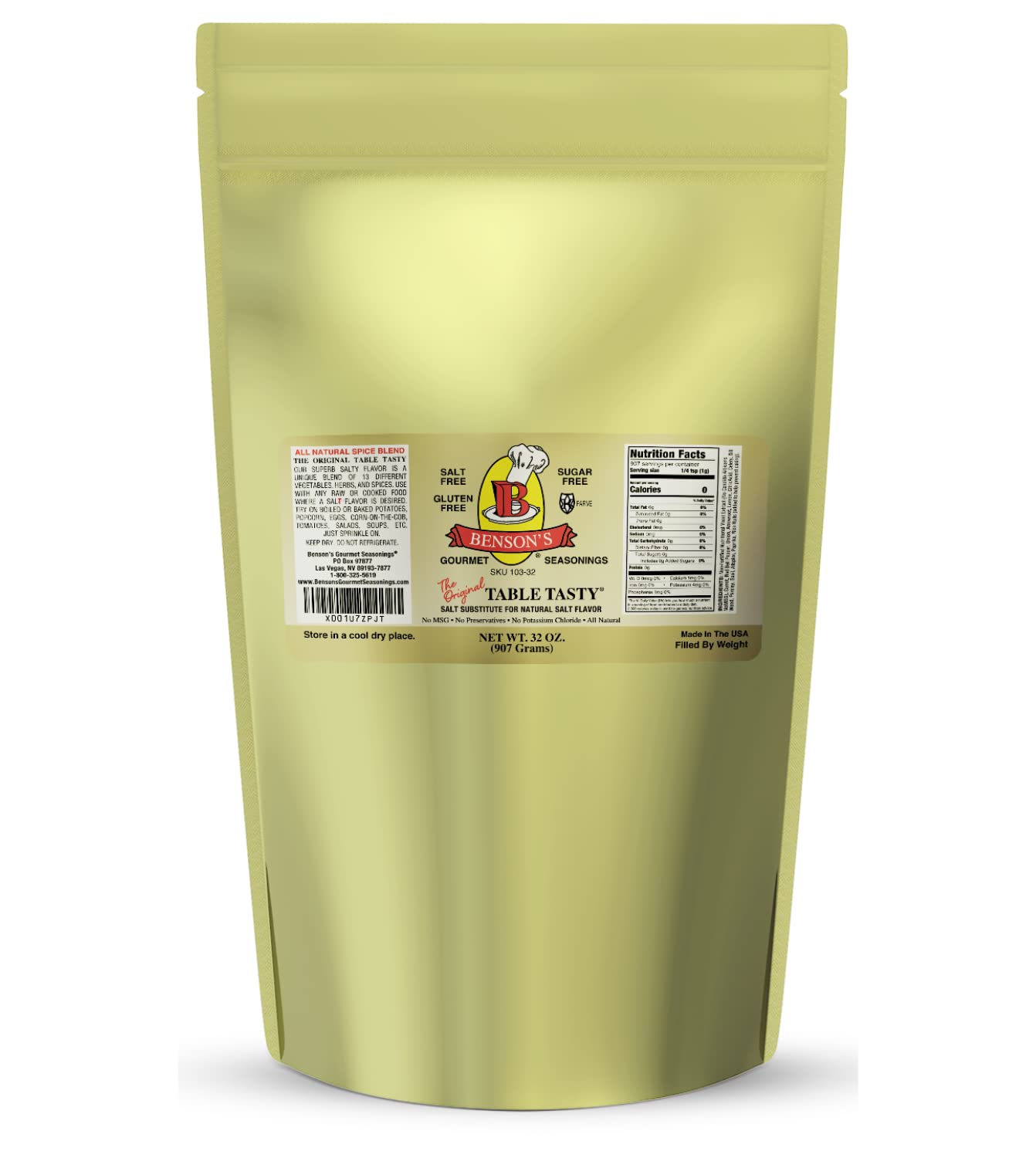Benson’s - Table Tasty Salt Substitute, Salt-Free Gourmet Popcorn Seasoning, No Potassium Chloride, No MSG, Gluten Free, 2 Pound Bag