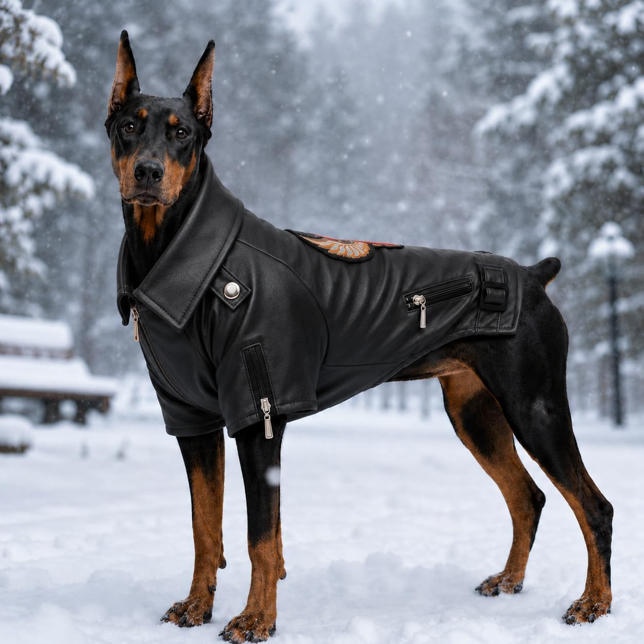 Lovelonglong Cool Dog Leather Jacket, Warm Coats Dogs Windproof Cold Weather Coats for Large Medium Small Dogs with Eagle Embroidery Black XS