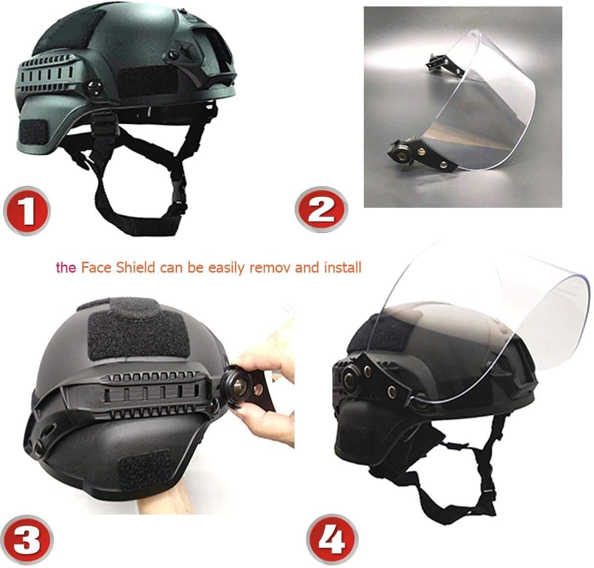 Airsoft MICH 2000 ACH Tactical Helmet with Clear Visor NVG Mount and Side Rail
