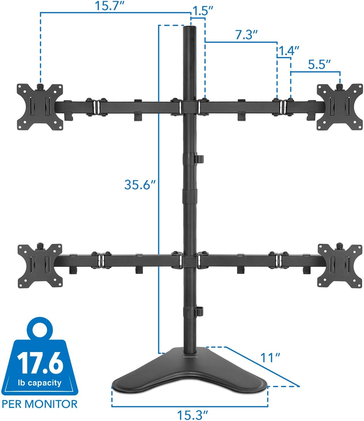Mount-It! Quad Monitor Stand for 4 Screens up to 32", Free Standing Multi Monitor Desk Mount, Height Adjustable 34.8", 17.6 lbs Each